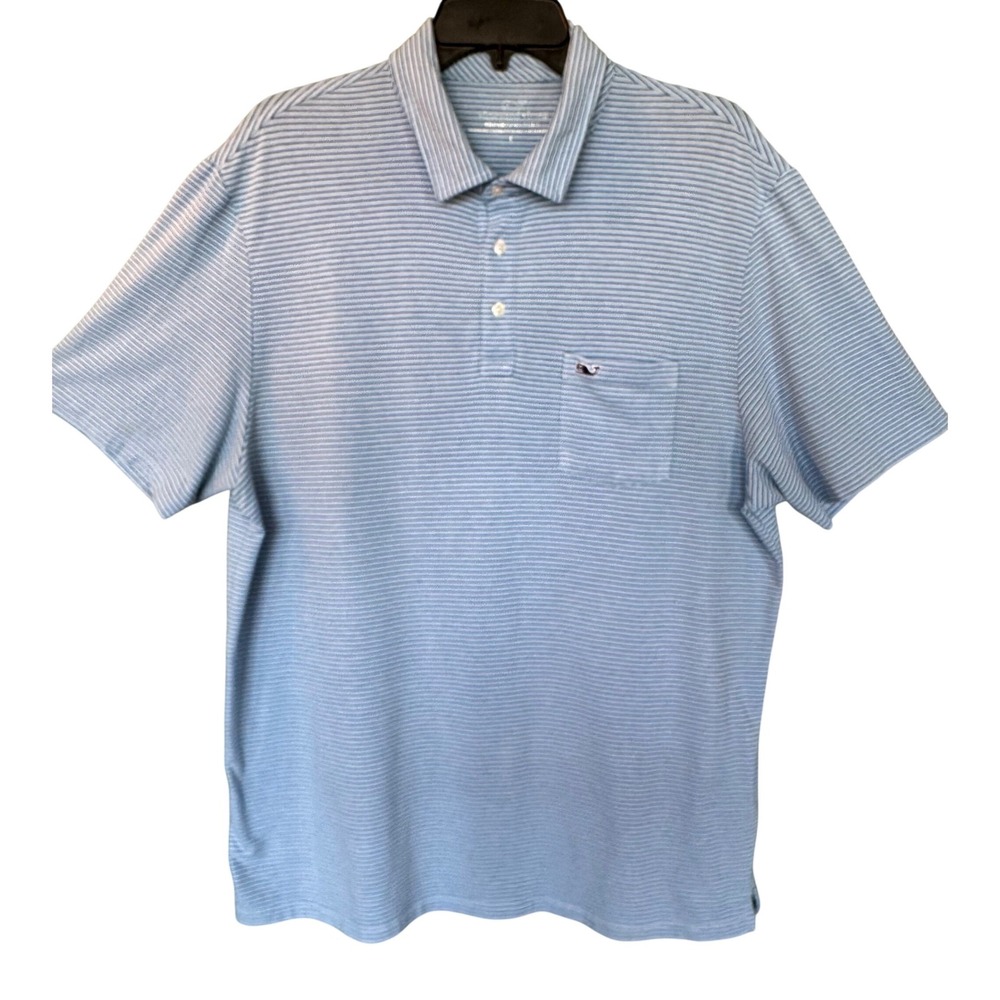 Vineyard Vines Edgartown Polo Mens Large Blue Striped Pima Cotton Stretch Shirt